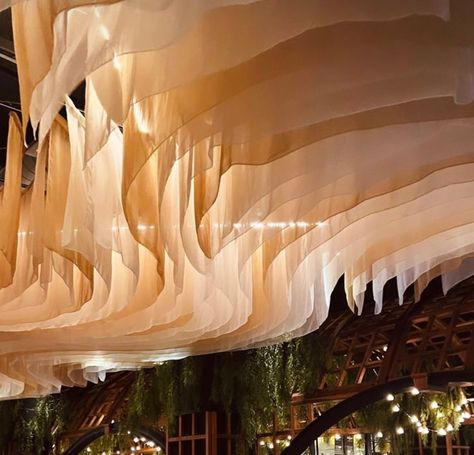 Ceiling Art Installation, Rooftop Patio Design, Fabric Installation, Wedding Ceiling, Outdoor Restaurant Design, Fabric Ceiling, Gazebo Wedding, Ceiling Art, Tent Decorations