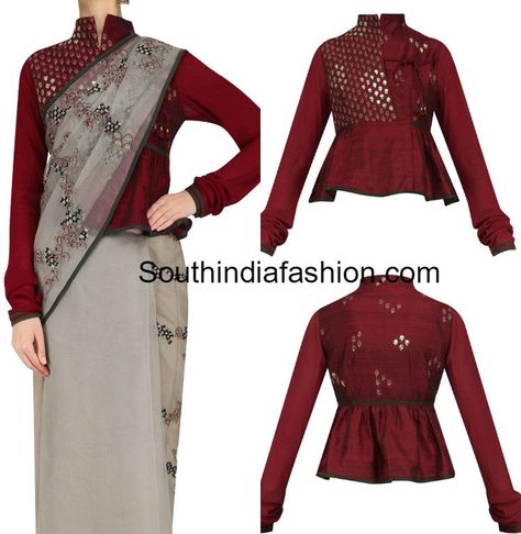 Saree With Peplum Blouse, Long Blouse Design, Blouse Design For Saree, Peplum Blouse Designs, Long Blouse Saree, Shirt Blouse Designs, Long Blouse Designs, Rajasthani Dress, Blouse Designs High Neck