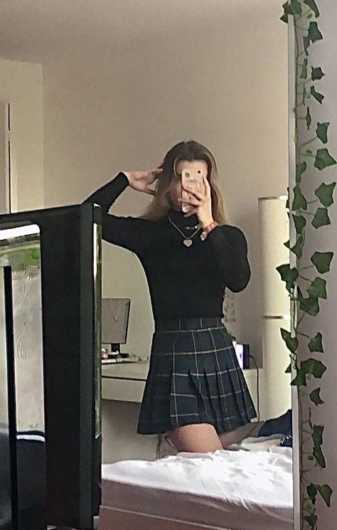 If you'll be sporting a plaid scarf and plaid skinny pants, pair a solid tan bodysuit and pretend... Plaid Skirt Outfits Summer, Turtle Neck And Skirt Outfit, Black Plaid Skirt Outfit, Plaid Skirt Outfit Aesthetic, 90s Plaid Skirt, Checkered Skirt Outfit, Green Skirt Outfits, Black Turtleneck Outfit, Plaid Tennis Skirt