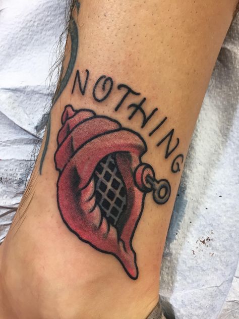 The Magic Conch Cast Iron Tattoos Orlando FL #tattoos #tattoo #beauty Magic Conch Shell Tattoo, Traditional Spongebob Tattoo, Tremors Tattoo, Castaway Tattoo, Traditional Tattoos Funny, American Traditional Tattoos Funny, Funny American Traditional Tattoo, Funny Traditional Tattoos, Funny Flash Tattoo