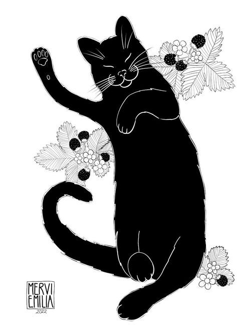 Happy Black Cat, Leaping Cat, Cat Black And White, Summer Cat, Happy Black, Wild Strawberries, White Illustration, Cat Black, Hand Draw