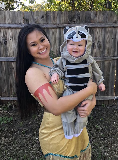 Baby and me Pocahontas and Meeko Halloween costume Mom Baby Halloween Costumes, Pocahontas And Meeko, Mother Son Halloween Costumes, Mommy Baby Halloween Costumes, Mother Daughter Halloween Costumes, Family Themed Halloween Costumes, Mom Halloween Costumes, Baby And Me, First Halloween Costumes