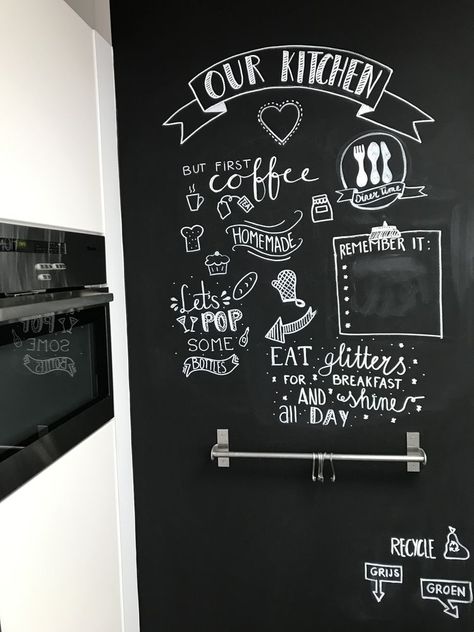 Blackboard Wall Kitchen, Kitchen Blackboard, Blackboard Paint, Blackboard Art, Kitchen Chalkboard, Diy Techniques And Supplies, Blackboard Wall, Creative Wall Painting, Chalk Wall