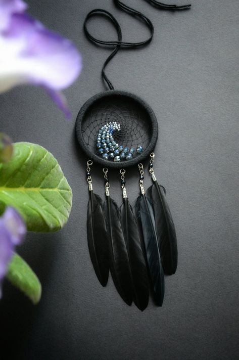 The black dream catcher with ocean wave ornament for car! It is made of a wooden hoop, sparkling glass beads, black marabou feathers. Small dream catcher amazing beauty. Ocean Themed Dream Catcher, Gemstone Dream Catcher, Ocean Dream Catcher, Easy Dream Catcher Diy, Wave Ornament, Dream Catcher Black, Beaded Dream Catcher, Black Dreamcatcher, Bed Canopies