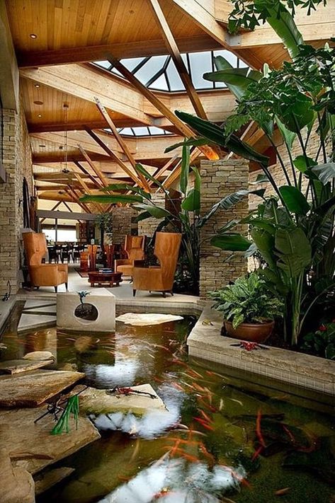 Relaxing Indoor Fountain Ideas (1) Maison Earthship, Indoor Pond, Oberirdische Pools, Kolam Koi, Backyard Ponds, Indoor Water Features, Lots Of Plants, Earthship Home, Indoor Water Fountains