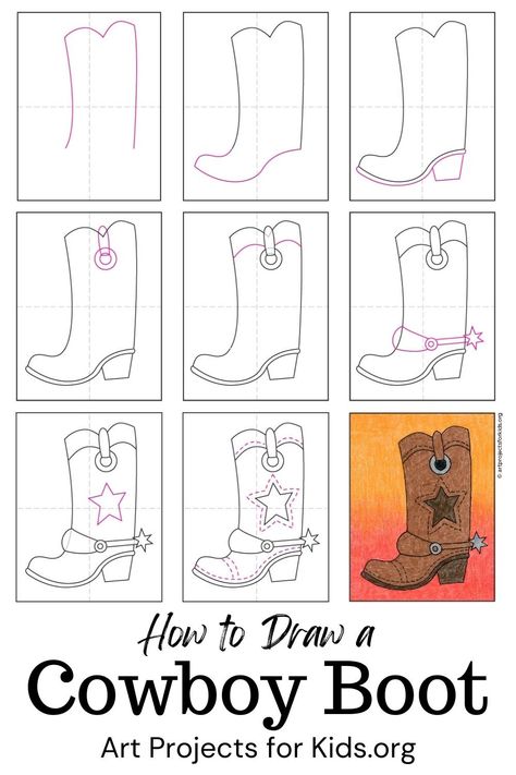 How To Draw Boots Step By Step, How To Draw A Cowboy Boot Step By Step, How To Draw Cowboy Boots Step By Step, Drawing Cowboy Boots, How To Draw A Cowboy Boot, Boot Coloring Page, Cowboy Boots Drawing, Drawing Hacks, Learning Journal