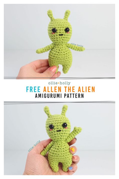 Free Allen The Space Alien Amigurumi Crochet Pattern - Ollie + Holly | Amigurumi Crochet Patterns Crochet Alien, Crochet Monsters, Crochet Geek, Crochet Animals Free Patterns, Crochet Design Pattern, Crochet Amigurumi Free, Fun Crochet Projects, Paintbox Yarn, Halloween Crochet