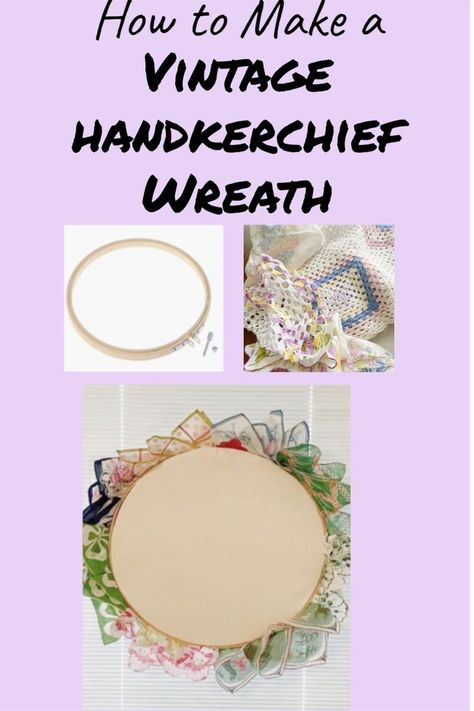 vintage handkerchief wreath linens fabrics crafts Hankerchief Display Ideas, Handkerchief Wreath, Diy Door Wreath, Wreath Decorating Ideas, Vintage Handkerchiefs Crafts, Handkerchief Crafts, Spring Door Wreath, Doily Art, Homemade Wreaths