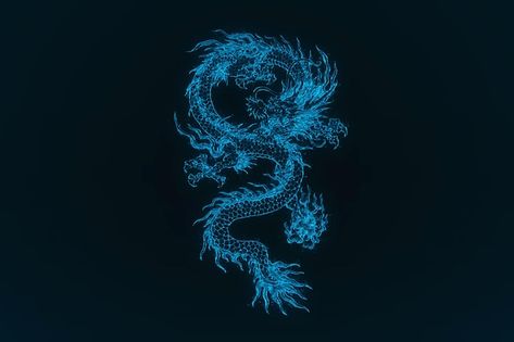 A glowing blue chinese dragon on a dark ... | Premium Photo #Freepik #photo #golden-dragon #chinese-symbol #chinese-dragon #china-dragon Dark Blue Chinese Aesthetic, Blue Chinese Dragon, Dark Nautical Aesthetic, Dark Nautical, China Background, China Dragon, Gcse Textiles, Black And Blue Wallpaper, Collage Black