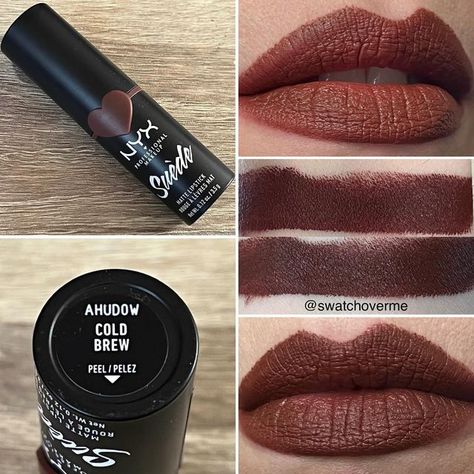 Nyx Suede Matte Lipstick Swatch, Dark Brown Lipstick, Brown Matte Lipstick, Nyx Matte Lipstick, Girl Bye, Acne Makeup, Black Glamour, Nyx Lipstick, Brown Lipstick