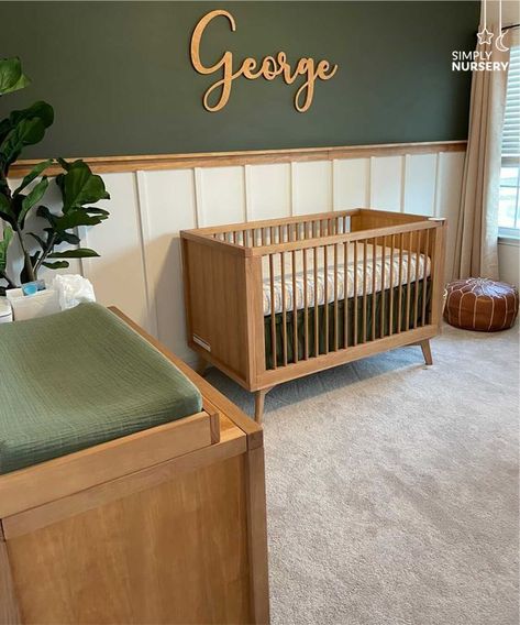 Green Nursery Panelling, Green And Dark Wood Nursery, Green Nursery Design, Hunter Green Accent Wall Nursery, Sage Green And Wood Nursery, Shades Of Green Nursery, Safari Nursery Green Accent Wall, Emerald Green And Gold Nursery, Wood And Green Nursery