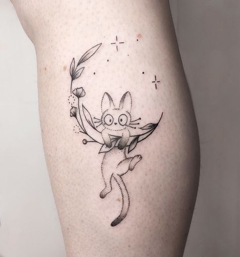 Studio Gibbly Tattoos, Simple Studio Ghibli Tattoo, Tattoo Ideas Studio Ghibli, Studio Ghibli Matching Tattoo, Jiji Kiki's Delivery Service Tattoo, White Cat Tattoo, Small Ghibli Tattoo, Studio Ghibli Tattoo Sleeve, Tattoo Designs Studio Ghibli