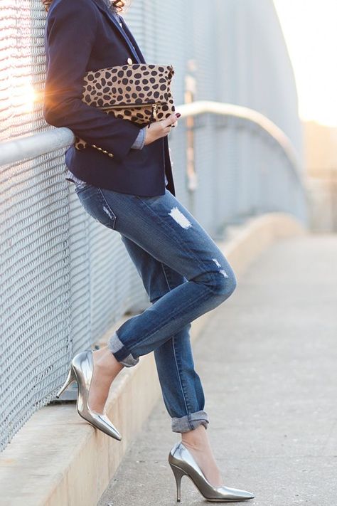 Shop this look on Lookastic:  http://lookastic.com/women/looks/silver-pumps-blue-boyfriend-jeans-brown-clutch-navy-double-breasted-blazer/6168  — Silver Leather Pumps  — Blue Boyfriend Jeans  — Brown Leopard Suede Clutch  — Navy Double Breasted Blazer Silver Pumps Outfit, Pumps With Jeans, Silver Shoes Outfit, Pumps Outfit, Leopard Clutch, Silver Pumps, Metallic Shoes, Love Jeans, Outfit Trends