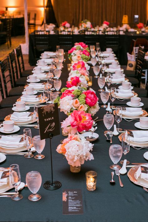 Black Tablecloth Bright Flowers, Black And White Wedding Accent Color, Black Pink Orange Wedding, Black And White Wedding Theme With Pop Of Color, Classic Wedding With Pop Of Color, Black And White Wedding With Colored Flowers, Black Spring Wedding Color Palettes, Colorful Wedding With Black Accents, Black With Pops Of Color Wedding