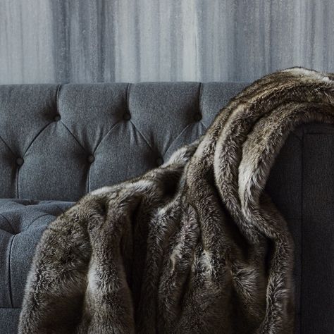 Chinchilla faux fur throw and tufted grey sofa | Urban Barn Grey Faux Fur Throw, Grey Throw Blanket, Oversized Throw Blanket, Heavy Blanket, Faux Fur Throw Blanket, Chunky Knit Throw, Faux Fur Blanket, Fur Throw Blanket, Striped Blankets