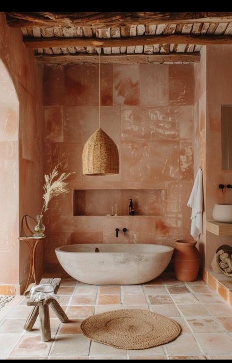 Boho Airbnb Ideas, Tulum Bathroom, Terracotta Bathroom Ideas, Bathroom Terracotta, Desert Bathroom, Terracotta Bathroom, Color Bathroom Design, Boho Style Bathroom, Healing House