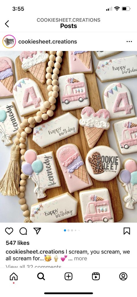 Birthday Cookies Decorated, Scream 4, Happy Birthday Cookie, Royal Iced Cookies, Sugar Cookie Designs, Ice Cream Birthday, Ice Cream Cookies, Sweet Cookies, Candy Cookies