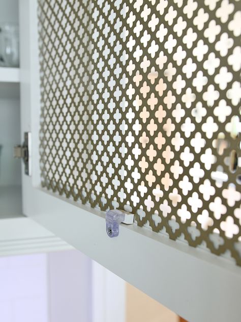 Perforated Metal Kitchen Cabinets, Wire Inserts For Cabinet Doors, Cabinet Door Mesh, Install Glass In Cabinet Door, Metal Mesh Cabinet Doors Built Ins, Unique Cabinet Doors Metal, Diy Mesh Cabinet Doors, Cabinet Mesh Insert, Decorative Cabinet Panels