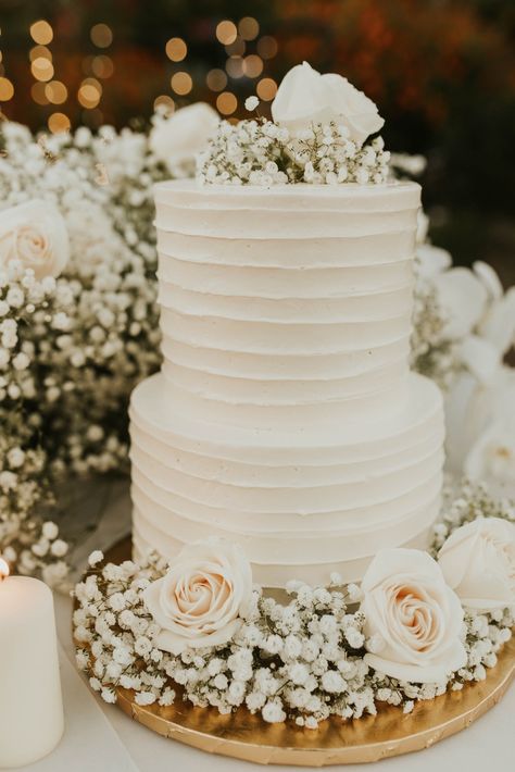 Destination Wedding Cake Ideas, Wedding Cake With Simple Flowers, Elegant Small Wedding Cakes, Wedding Cake Inspiration Simple, Simple Summer Wedding Cake, Simple Wedding Cakes With Flowers, 1 Tier Wedding Cakes Simple Elegant, Wedding Cake With Baby Breath, Wedding Cake Small 2 Tier