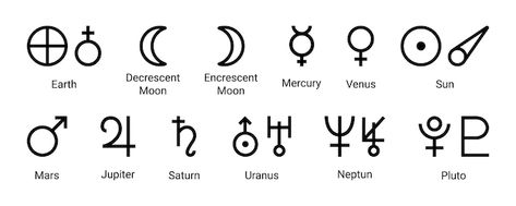 Simple alchemy icons glyphs of planets s... | Premium Vector #Freepik #vector #alchemy #esoteric #mercury-planet #astrology 7 Planets, Planet Symbols, Element Symbols, Planet Fitness Workout, Glyphs, Vector Photo, Alchemy, Astronomy, Premium Vector