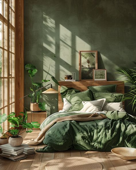 Interior Design Green Bedroom, Forest Green Minimalist Bedroom, One Wall Green Bedroom, Green House Aesthetic Bedroom, Earthy Green Bedroom Ideas, Army Green Room Ideas, Soft Green Room Aesthetic, Green And Dark Wood Bedroom, Olive Green Room Ideas