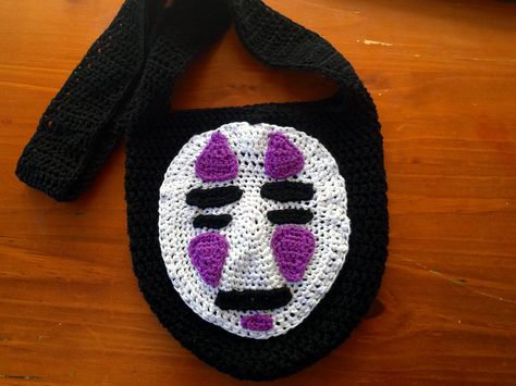 Kaonashi No Face cross body bag with button closure at back. Handmade crochet bag from my own pattern inspired by No Face from Spirited Away Handmade Crochet Bags, Crochet Inspo, No Face, Crochet Bag Pattern, Cross Body Bag, Bag Pattern, Handmade Crochet, Body Bag, Crochet Bag