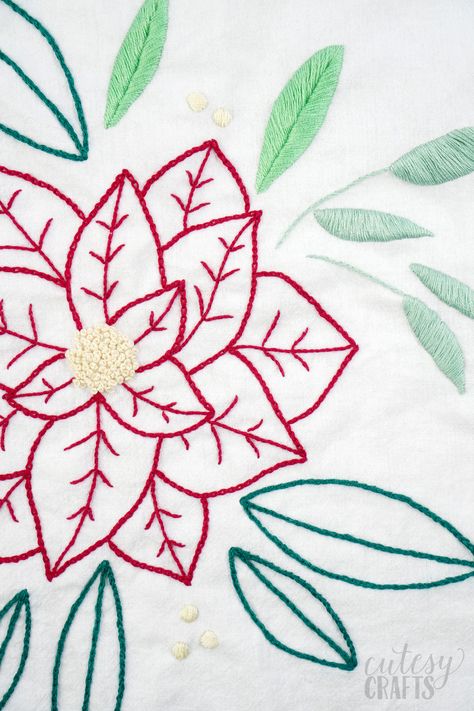 Poinsettia Embroidery Pattern - Cutesy Crafts Poinsettia Embroidery Pattern, Poinsettia Embroidery, Christmas Embroidery Hoop, Large Embroidery Hoop, Poinsettia Pattern, Tea Towels Embroidery, Embroidered Christmas Ornaments, Frixion Pens, Christmas Embroidery Patterns