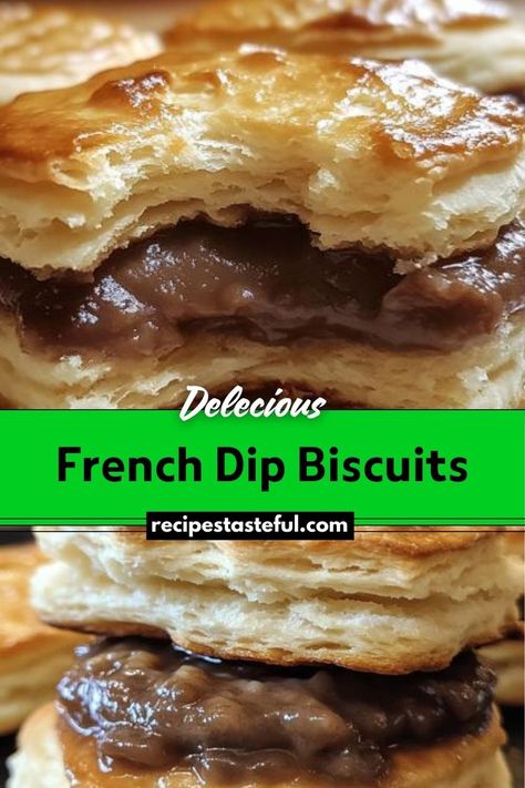 French Dip Biscuits are a savory, comforting dish that combines the flavors of a classic French dip sandwich with the ease of biscuit dough. Ground beef is cooked with beef consommé and Worcestershire sauce, then encased in flaky biscuit dough and topped with Swiss cheese. These biscuits are baked until golden and served warm with au jus for dipping. French Dip Biscuits Recipe, Traditional Thanksgiving Recipes, Au Jus Gravy, Hearty Snacks, Easy Thanksgiving Recipes, French Dip Sandwich, Flaky Biscuits, Biscuit Dough, Biscuit Bake