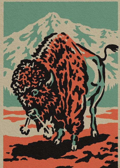 Southwestern Illustration, Western Graphic Design, Buffalo Drawing, Western Illustration, Sam Larson, Buffalo Painting, Arte Peculiar, Matchbook Art, 1 Tattoo