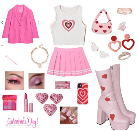 Valentines Day Themed Outfit, Heart Core Outfits, Valintens Outfit Ideas, Alt Valentines Outfit, Valentines Day Outfits For Teens, Valentines Day Outfits Pink, Heartbreaker Outfit, Pink Valentines Day Outfit, Valentine’s Day Outfit Ideas