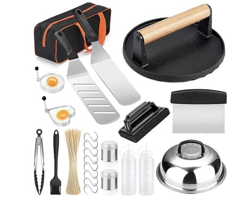 Blackstone Griddle Accessories Kit and Burger Press, 122 PCS Griddle Grill Tools Set for Blackstone Stainless Steel Grill BBQ Spatula Utensils Set with Storage Bag Cast Iron Burgers, Griddle Accessories, Grill Scraper, Stainless Steel Griddle, Blackstone Grill, Grill Tools, Flat Top Grill, Griddle Grill, Burger Press