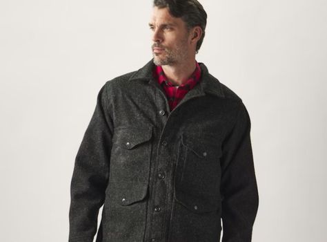 110 years later, Filson's Mackinaw Cruiser is still the jacket every man needs Mackinaw Cruiser, Filson Mackinaw, Pendleton Woolen Mills, Camouflage Patterns, Wet Weather, Water Repellent Fabric, Red And Black Plaid, Pullover Shirt, Wool Plaid