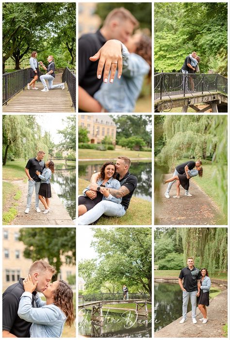 Man in black shirt and jeans gets on one knee and proposes to woman in black dress and blue jean jacket on a bridge over a lake and then pose for photos around the lake after she accepts his proposal. Engagement Photos On A Bridge, Engagement Photos On Bridge, Saint Marys College, Get Engaged, Boyfriend And Girlfriend, Proposal Photos, Couple Picture, Couples Engagement Photos, Saint Marys