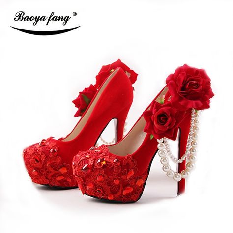 Heels Shoes For Women, Heels Red, Wedding Shoes Bride, Flower Shoes, Platform High Heel Shoes, Heels Platform, High Heels Shoes, Pump Types, Pu Heels