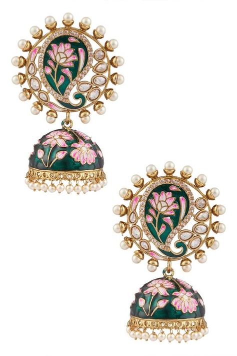 Gold plated jhumkas with pink and green meenakari work, round top with paisley motif and pearl drops. Type: Pearl Composition: Nickle Free Brass Metal Color: Gold, Green, Pink Meenakari work Paisley motif Size: (in cm): L x B: 8.5 x 5 Weight: (in grams): 96 - Aza Fashions Jhumkas Gold, Paisley Motif, Jhumka Earrings, Round Top, Fashion App, Buy Gold, Online Earrings, Brass Metal, Pearl Drop