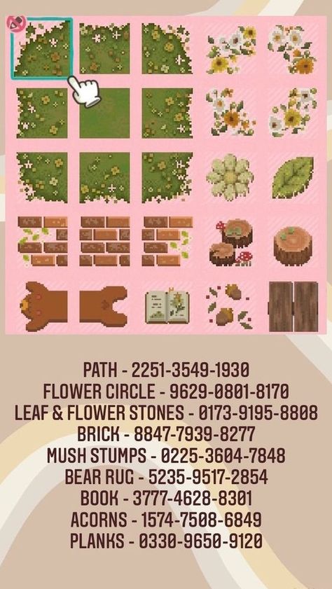 Acnh Cottagecore Path Designs, Cottage Core Acnh Path, Acnh Core Ideas, Pathway Acnh Codes, Forest Codes Acnh, Acnh Forest Core Codes, Acnh Villager Icons, Acnh Forestcore Design Codes, Boho Animal Crossing Codes