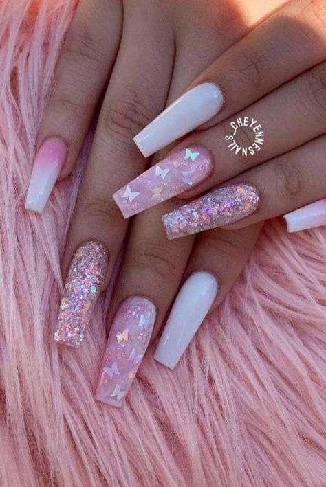 Super Cute Nails, Blue Acrylic Nails, White Acrylic Nails, Cute Acrylic Nail Designs, Simple Acrylic Nails, Fall Acrylic Nails, Butterfly Nail, Pink Acrylic Nails, Neutral Nails