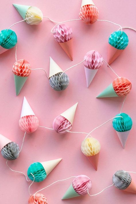 Adorable ice cream cone garland! Ice Cream Garland, Honeycomb Ice Cream, Honeycomb, Ice Cream, Cream, Birthday, Pink, Blue, White