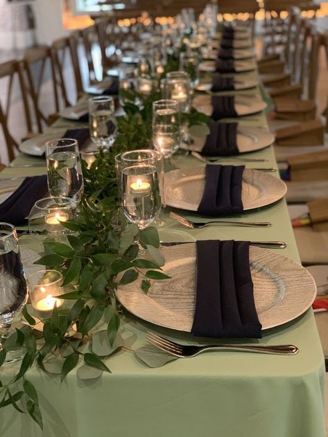 Navy Blue And Mint Green Wedding Decorations Table Settings, Green And Navy Table Setting, Navy Blue And Sage Green Wedding Table Decor, Green Table Cloth Wedding, Clear Votives, Sage Table, Navy Napkins, Quinceanera Decor, Wedding Plate Setting