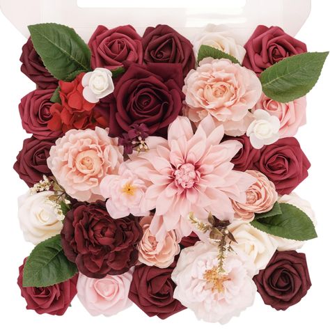 PRICES MAY VARY. This is a DIY flowers box set of different type of flowers and different colors as a theme. They are perfect for making bouquets, boutonnieres, cake flowers, crafts, headbands or any other flower decorations that serve as the icing on the cake. Package Lists: Refreshing Burgundy & Pink Theme; DIY artificial flower combo including 29pcs artificial flowers + 6pcs greenery/accessories. Pink Dahlia ×1, burgundy rose ×1, pink ranunculus ×4, pink rose ×1, pink peony ×1, red hydrangea Red Pink Flower Arrangements, Pink Flower Arrangement, August Wedding Flowers, Pink Flower Arrangements, Red Hydrangea, Dahlia Bouquet, Different Types Of Flowers, Making A Bouquet, Foam Roses