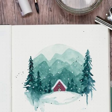 Manon on Instagram: "My January coverpage! I hope you guys like it. I am quite happy with it, I only think the house could have been a bit more realistic. I used an acrylic marker this time and I think it looks a bit flat. Anyways, LOVE painting trees! What is your theme? #bulletjournal2023 #bujo #bulletjournal #watercolor #aquarel #acrylicmarkers #talens #winsorandnewton #leuchtturm #coverpage #illustration" January Watercolor, Watercolor Calendar, Painting Trees, Love Painting, Christmas Watercolor, Tree Painting, Cover Pages, Journal Inspiration, I Hope You