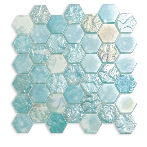 Coastal Dreams Hexagon Glass Mosaic Tile Sample Swatch allows you to preview tile color, finish, and material at home! Tile Samples Ship Free Seaglass Tiles Backsplash, Glass Floor Tiles, Sea Glass Tile Bathroom Showers, Seaglass Tiles Bathroom, Coastal Bathroom Shower Tile Ideas, Luxury Coastal Bathroom, Sea Glass Tile Bathroom, Beach Bathroom Tile, Coastal Backsplash Kitchen