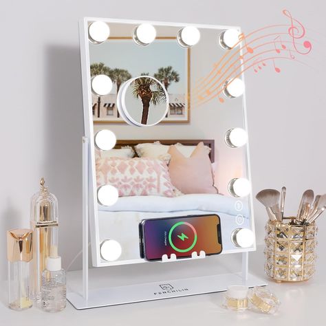 FENCHILIN White Vanity Mirror with Lights Wireless Charger Bluetooth Speaker Hollywood Makeup Mirror with 12 Dimmable Bulbs 3 Color for Glam Room Bedroom Detachable 10X Magnification Bluetooth Vanity Mirror, White Vanity Mirror, Dimmable Lights, Hollywood Mirror With Lights, Bulb Mirror, Hollywood Makeup Mirror, Makeup Vanities, Hollywood Vanity Mirror, Vanity Mirror With Lights