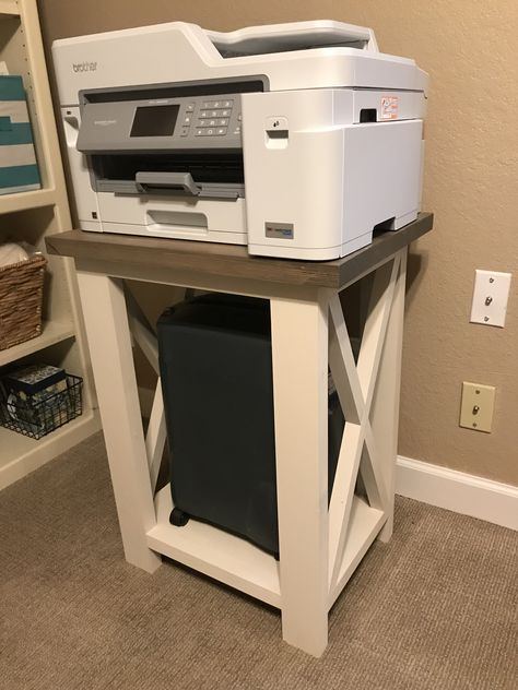 Printer Stand Ideas Offices, Diy Printer Stand Ideas, Printer Stand Diy, Printer Table Ideas, Printer Stand Ideas, Diy Printer Stand, Farmhouse Desk Diy, Downstairs Office, Printer Table