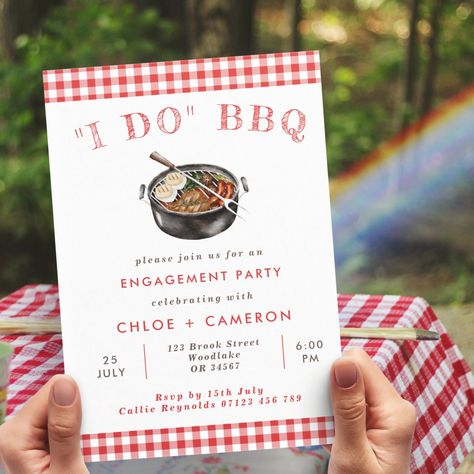 I Do BBQ Red & White Gingham Engagement Party Invitation with a watercolor illustration of a barbecue grill. Bridal Shower Bbq, Engagement Party Dinner, I Do Bbq Engagement Party, Engagement Party Bbq, Small Engagement Party, Bbq Engagement Party, Engagement Party Themes, Bbq Theme, Barbeque Party