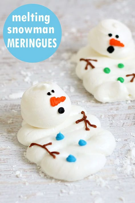 MELTING SNOWMAN MERINGUES -- Easy meringue cookies that look like melting snowmen are a a cute winter and holiday cookie idea. #meringue #cookies #christmas #meltingsnowman Meringue Cookies Christmas, Easy Meringue Cookies, Easy Meringues, Meringue Cookie Recipe, Melting Snowman, Meringue Desserts, Melting Snowmen, Meringue Recipe, Winter Cookie