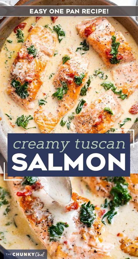 Tender salmon filets smothered in a rich garlic cream sauce filled with sun-dried tomatoes, kale and Parmesan cheese. Restaurant quality salmon, in 30 minutes! #salmon #seafood #fish #creamsauce #30minutemeal #easyrecipe #tuscan #Italian #sundriedtomatoes #kale #spinach Creamy Garlic Tuscan Salmon, Tuscan Salmon Recipe, Tuscan Salmon, Cheese Restaurant, Salmon Filets, The Chunky Chef, Salmon Glaze Recipes, Chunky Chef, Tuscan Recipes