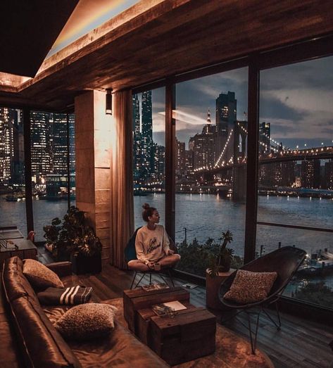 City View Living Room Appartement New York, New Yorker Loft, Classy Gentleman, Apartment View, New York Loft, Loft Interior, Ship Boat, New York Apartment, Nyc Apartment