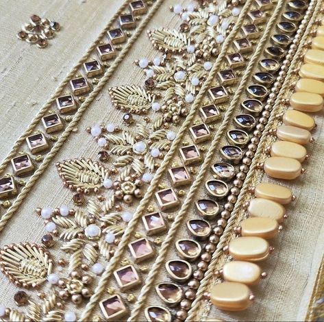 Kundan Embroidery Work Suits, Gold Work Embroidery Blouse, Zardosi Embroidery Border Designs, Hand Work Zardosi Border, Saree Handwork Designs, Zardozi Embroidery Designs, Zari Work Embroidery, Stone Work Blouse, Zardosi Embroidery