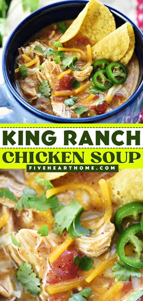 The BEST King Ranch Chicken Soup! Not only is it an easy winter recipe to make in the slow cooker, Instant Pot, or on the stovetop, but it is also a hearty dinner. Save this soup idea for a simple comfort food or winter meal your family will love! Winter Soups And Stews Cold Weather, King Ranch Chicken Soup, Food For Cold Weather, Ranch Soup, Ranch Chicken Soup, Munchie Snacks, Hearty Winter Recipes, Chicken Soup Slow Cooker, King Ranch Chicken